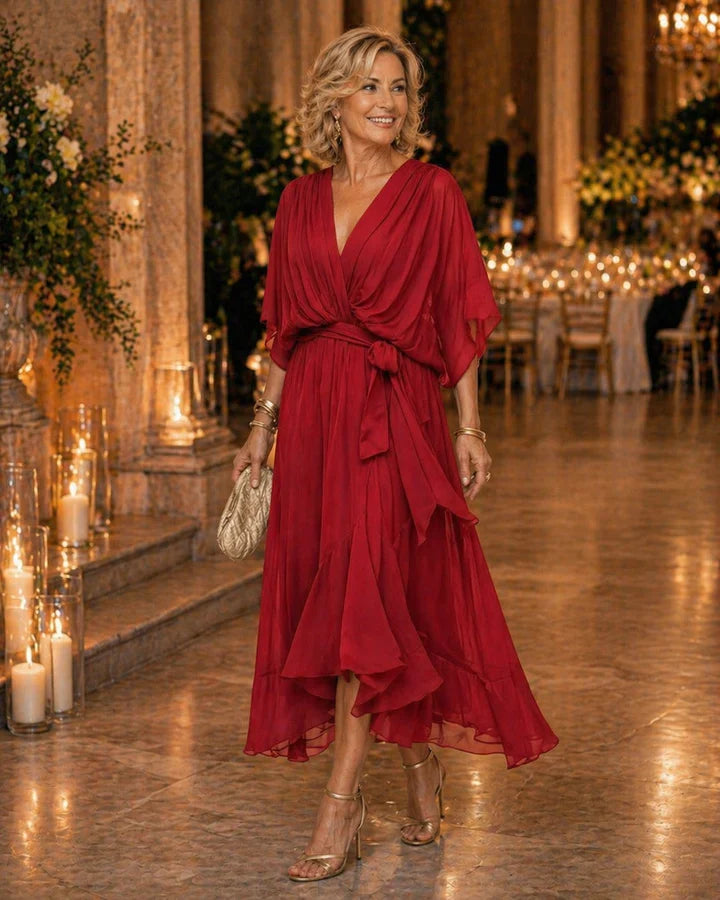 V-Neck Batwing Sleeve Chiffon Tie Waist Wrap High-Low Maxi Dress 3