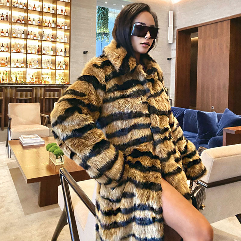 Tiger Collared Open Front Tiger Stripe Faux Fur Teddy Coat 2