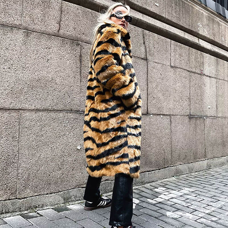 Tiger Collared Open Front Tiger Stripe Faux Fur Teddy Coat 4