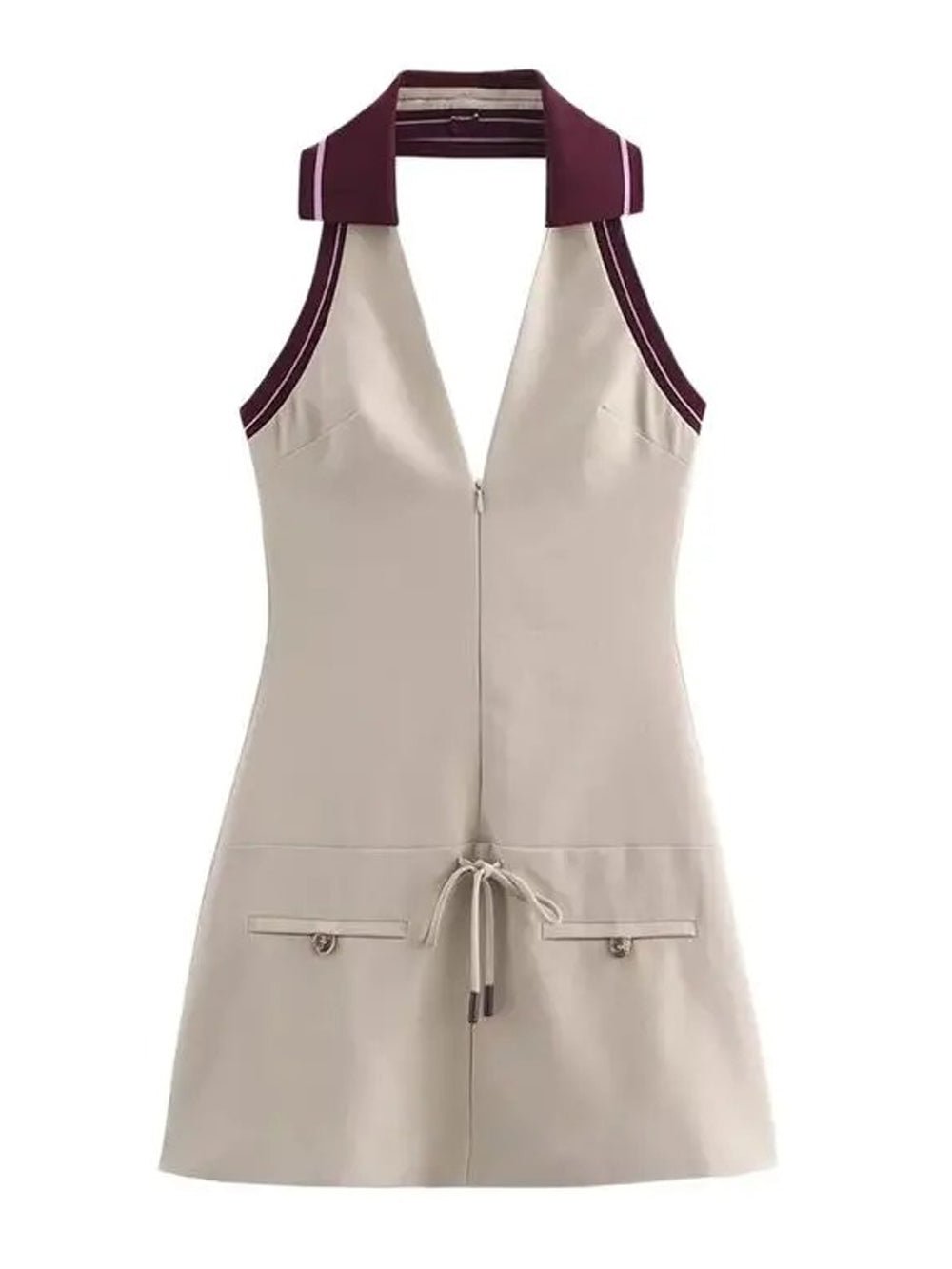 Gray Sleeveless Halter Collar Contrast Trim Zip Pocket Bodycon Mini Dress 8