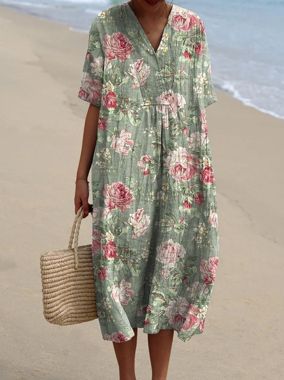 V-Neck Short Sleeve Vintage Rose Floral Linen Midi Dress