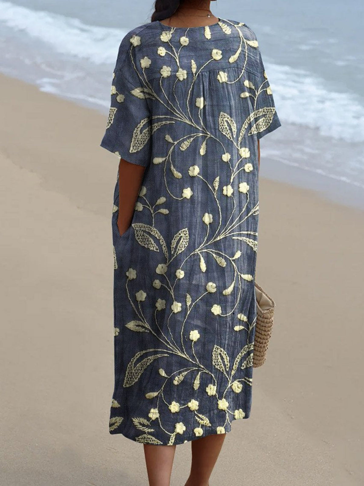 V-Neck Floral Print Short Sleeve Relaxed Midi Dress
