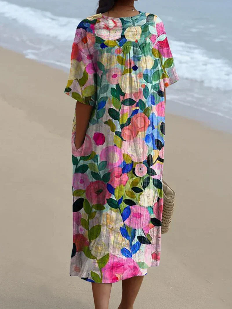 V-Neck Watercolor Floral Print Short Sleeve Flowy Midi Dress