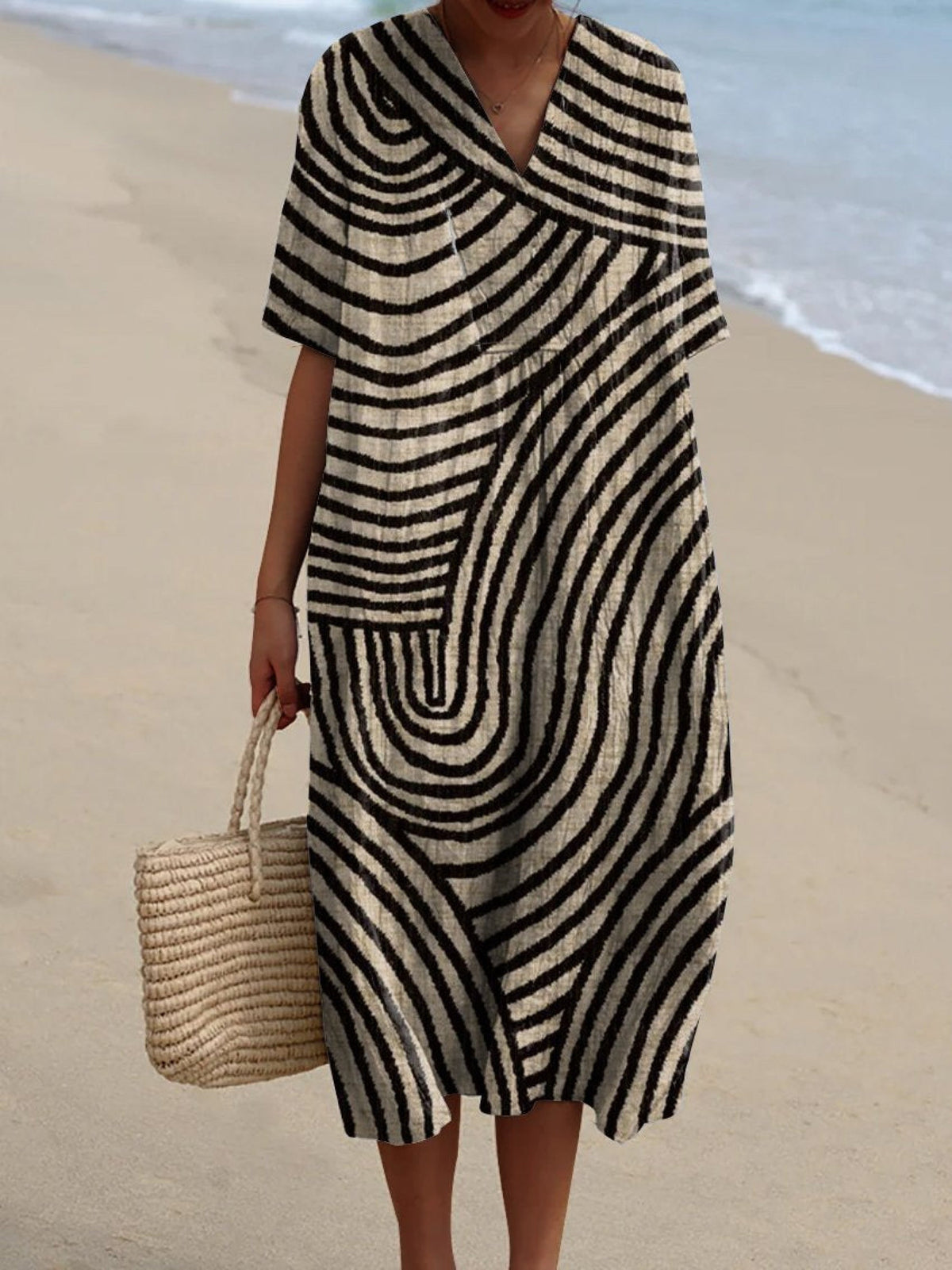 V-Neck Abstract Stripe Print Short Sleeve Pocket Shift Midi Dress