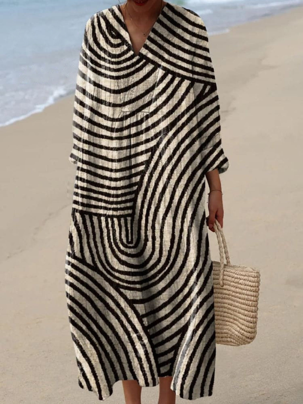 V-Neck Abstract Stripe Print Short Sleeve Pocket Shift Midi Dress
