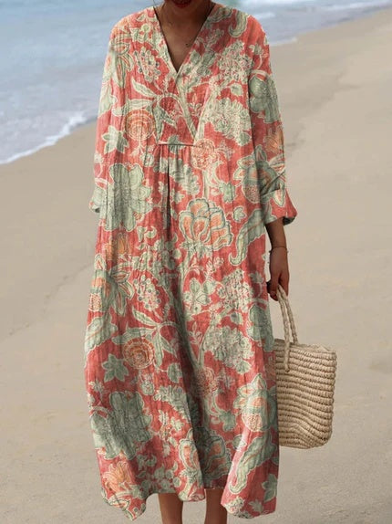 Round Neck Floral Print Sleeveless Pocket A-Line Midi Dress
