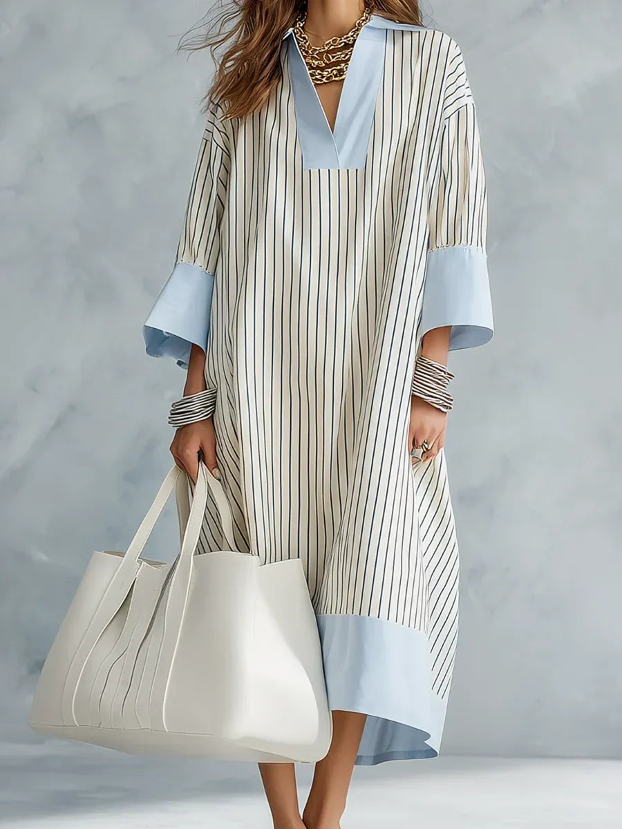 Collared V-Neck Long Sleeve Striped Color Block Shift Midi Dress