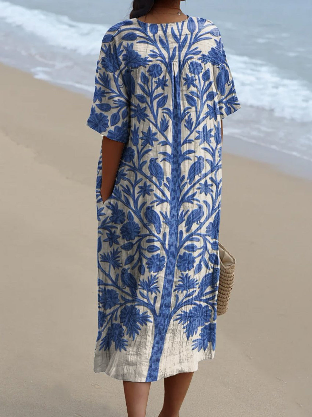 V-Neck Floral Bird Print Short Sleeve Relaxed Maxi Dress