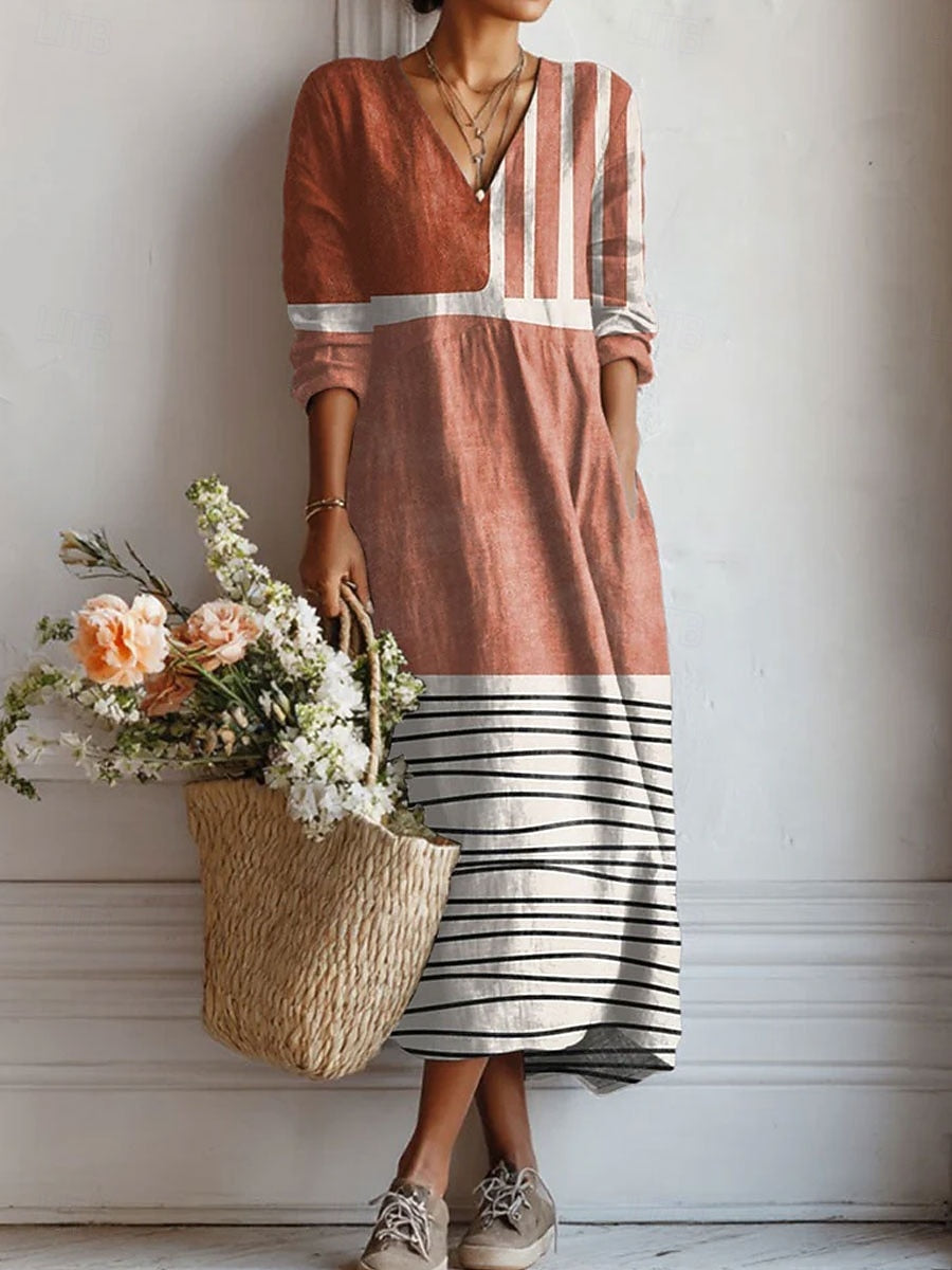Multicolor V-Neck Colorblock Striped Long Sleeve Pocket Shift Midi Dress