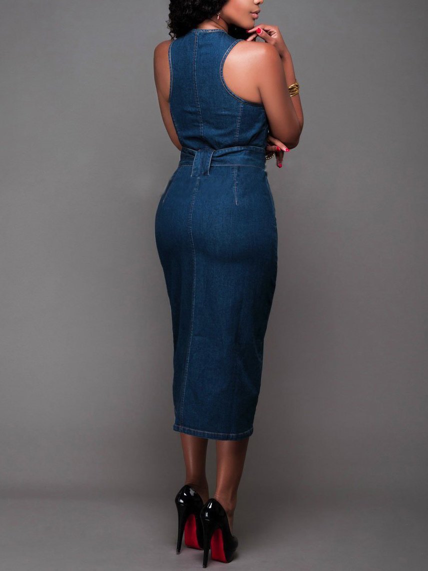 Women Elegant Sleeveless Denim Jean Dress with Zipper Belt