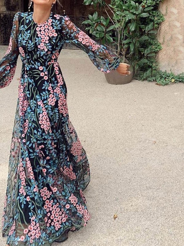 Multicolor Long Sleeve Floral Embroidered Mesh Open Back A-Line Maxi Dress 3