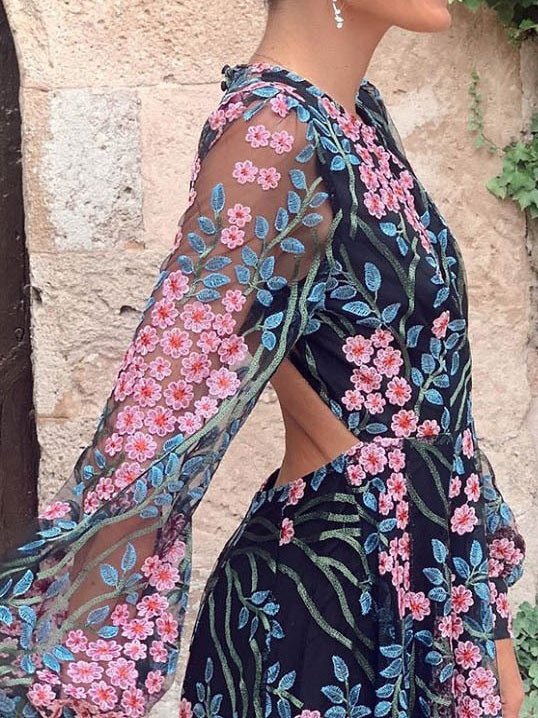 Multicolor Long Sleeve Floral Embroidered Mesh Open Back A-Line Maxi Dress 4