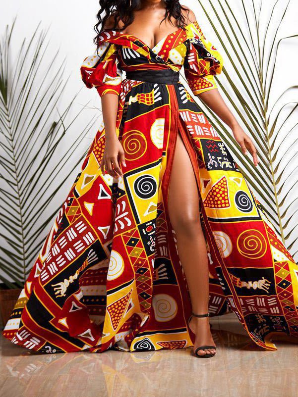 Multicolor Off-Shoulder Tribal Print Puff Sleeve High Slit A-Line Maxi Dress