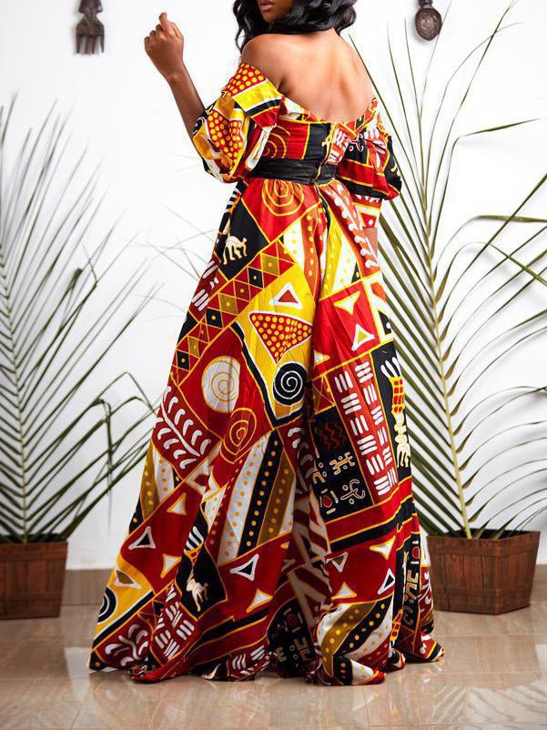 Multicolor Off-Shoulder Tribal Print Puff Sleeve High Slit A-Line Maxi Dress 3