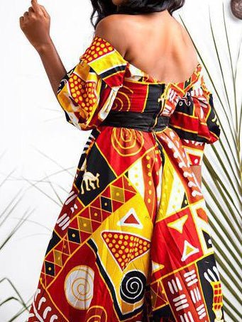 Multicolor Off-Shoulder Tribal Print Puff Sleeve High Slit A-Line Maxi Dress 2