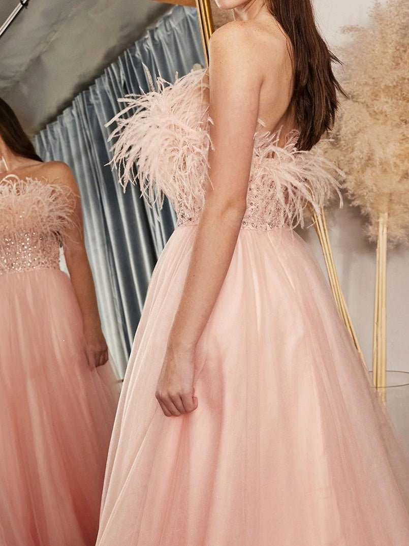 Apricot Strapless Feather Bodice Tulle A-Line Maxi Gown 3