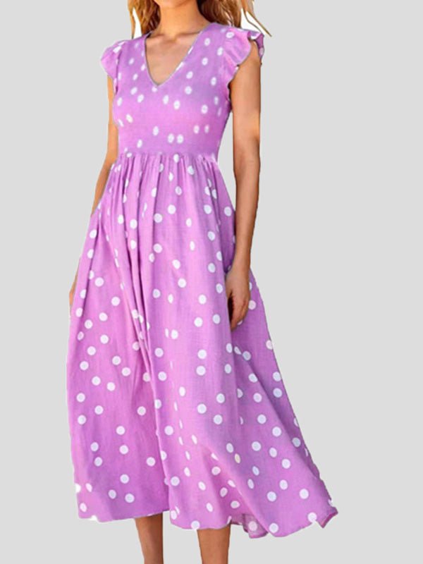Polka Dot Print V-Neck Short Sleeve Dress