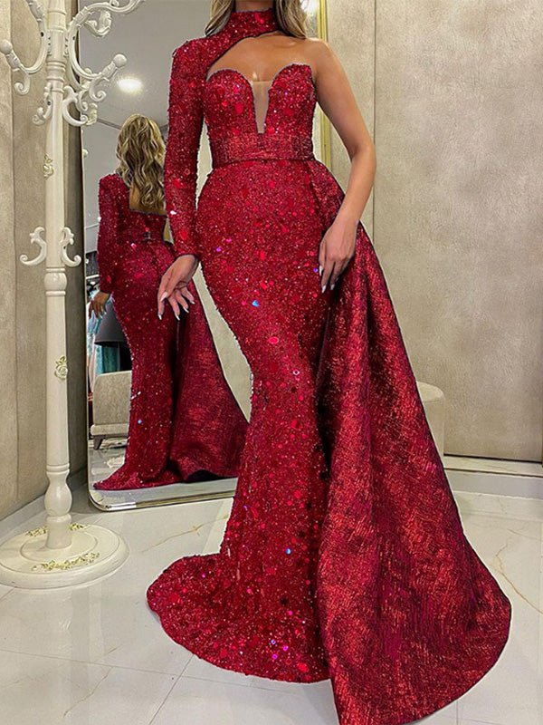 High Neck One Shoulder Sequin Mermaid Overskirt Maxi Gown 2