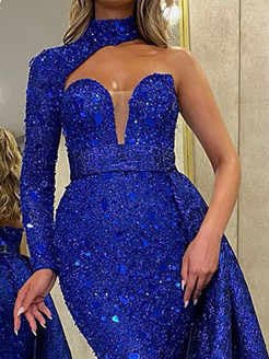 High Neck One Shoulder Sequin Mermaid Overskirt Maxi Gown 4