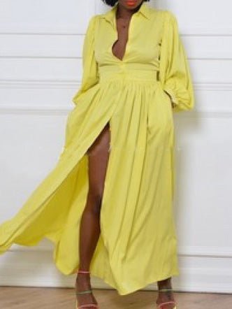 Collared Button Front Balloon Sleeve High Slit Shirt Maxi Dress 2