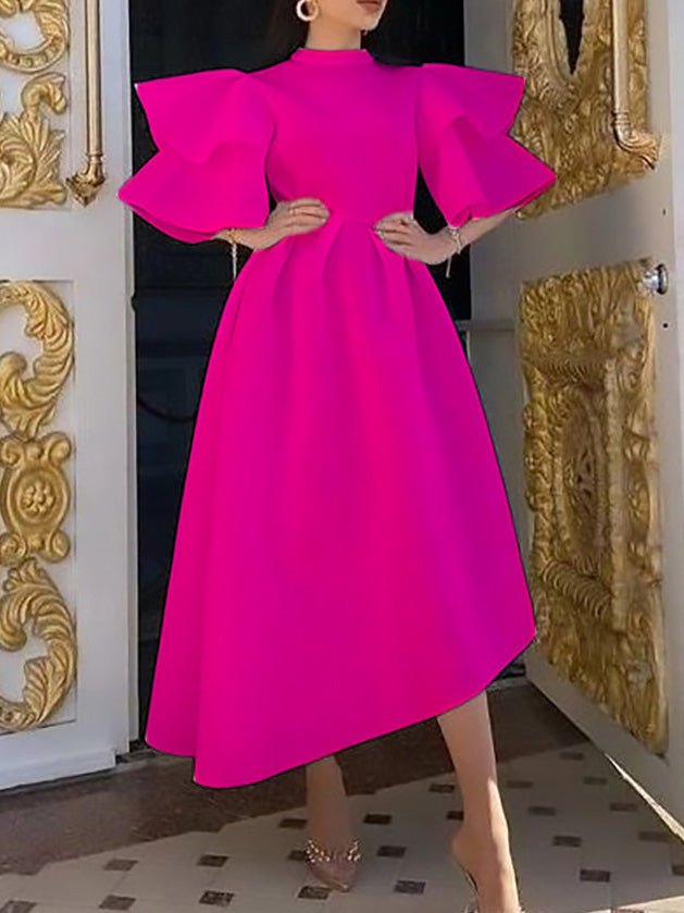 Mock Neck Double Layer Ruffle Sleeve High-Low A-Line Midi Dress