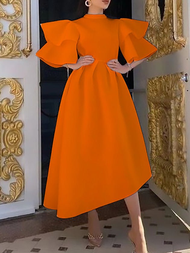 Mock Neck Double Layer Ruffle Sleeve High-Low A-Line Midi Dress