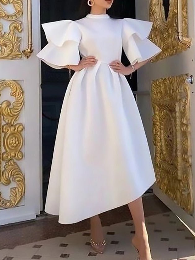 Mock Neck Double Layer Ruffle Sleeve High-Low A-Line Midi Dress