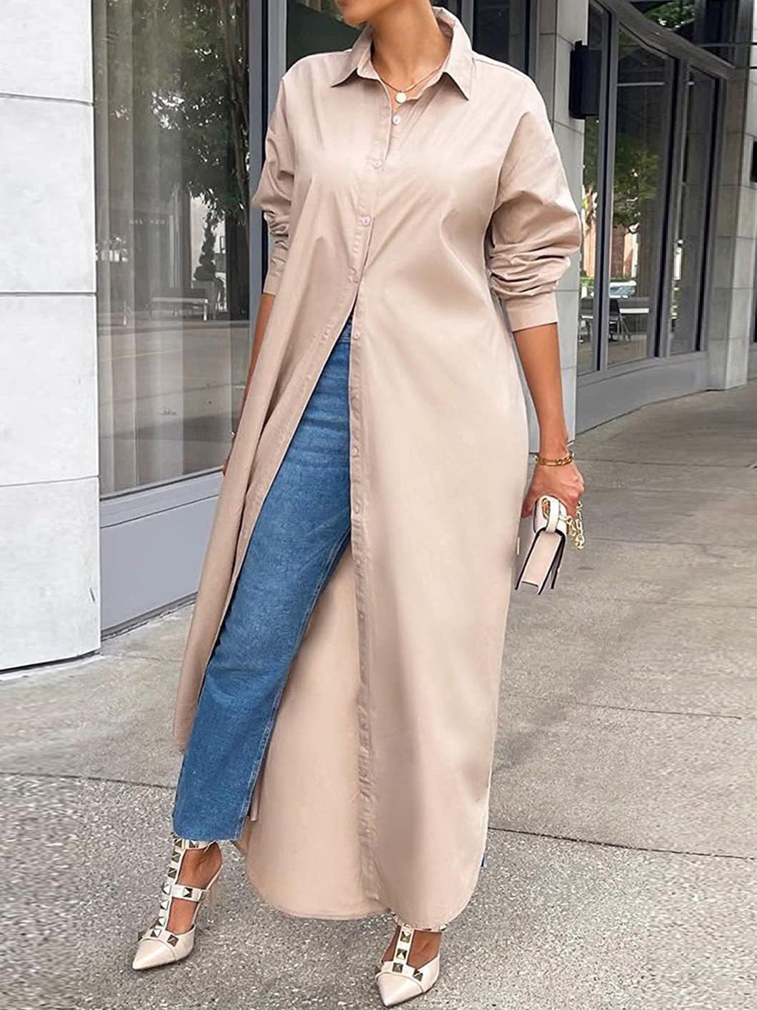 Collared Button Front Long Sleeve High Slit Shirt Maxi Dress
