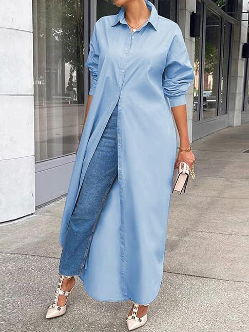 Collared Button Front Long Sleeve High Slit Shirt Maxi Dress