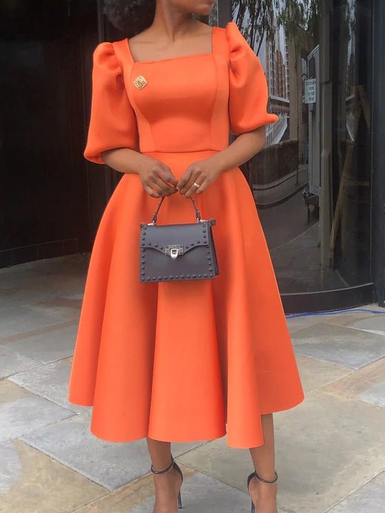 Square Neck Puff Sleeve Fit and Flare A-Line Midi Dress 2