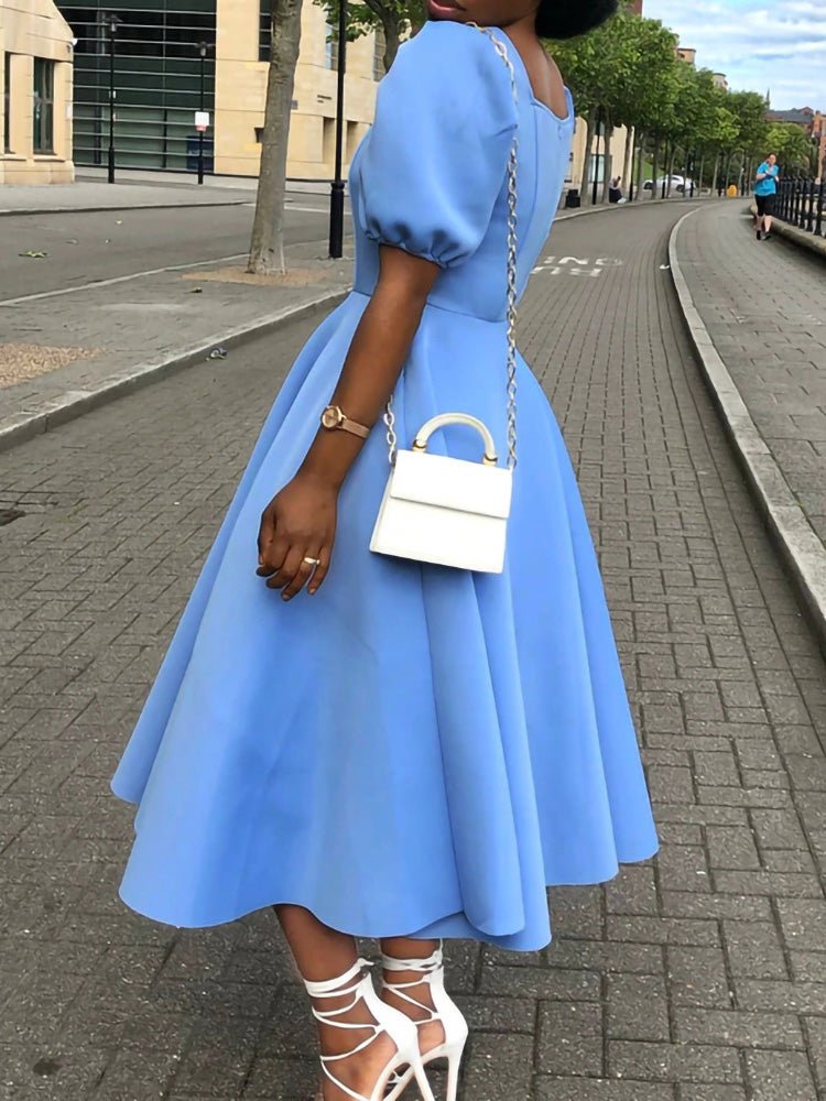 Square Neck Puff Sleeve Fit and Flare A-Line Midi Dress 4