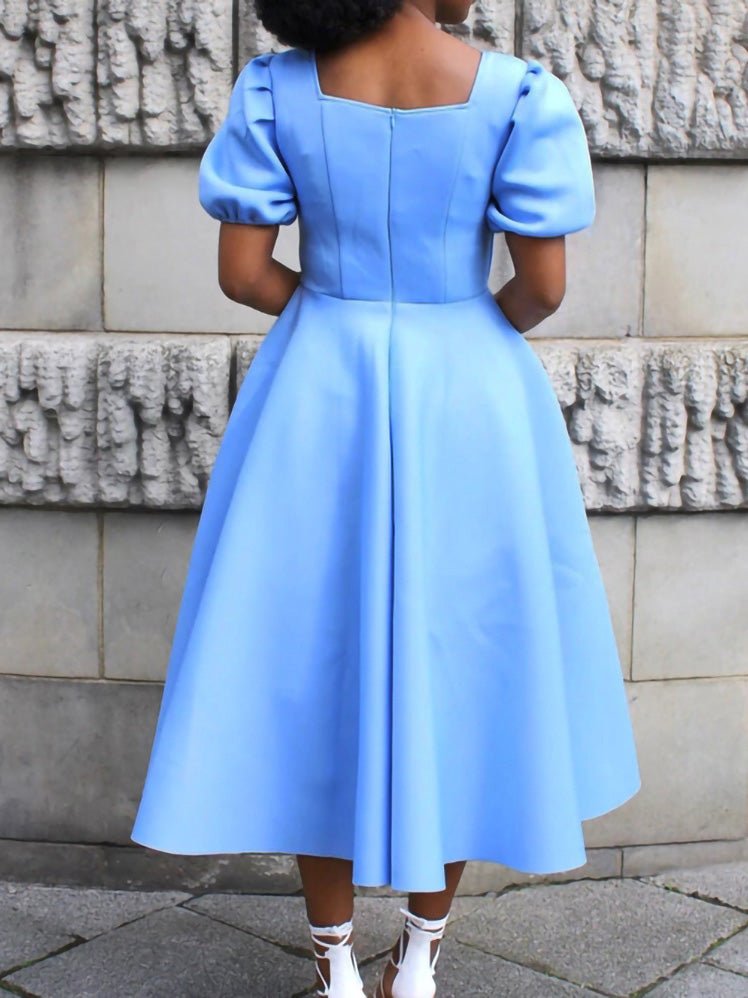 Square Neck Puff Sleeve Fit and Flare A-Line Midi Dress 5