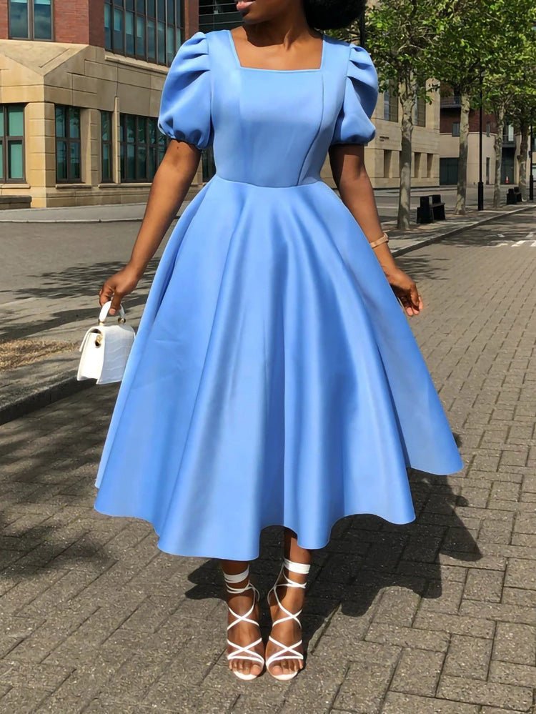 Square Neck Puff Sleeve Fit and Flare A-Line Midi Dress