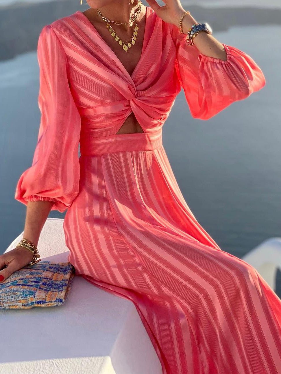 Red V-Neck Twist Front Cutout Puff Sleeve Striped Pleated Maxi Dress