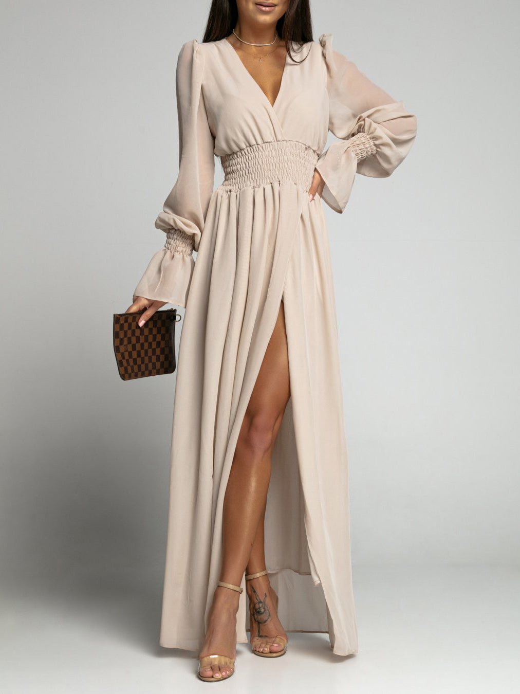 V-Neck Shirred Waist Bishop Sleeve High Slit Chiffon Maxi Dress