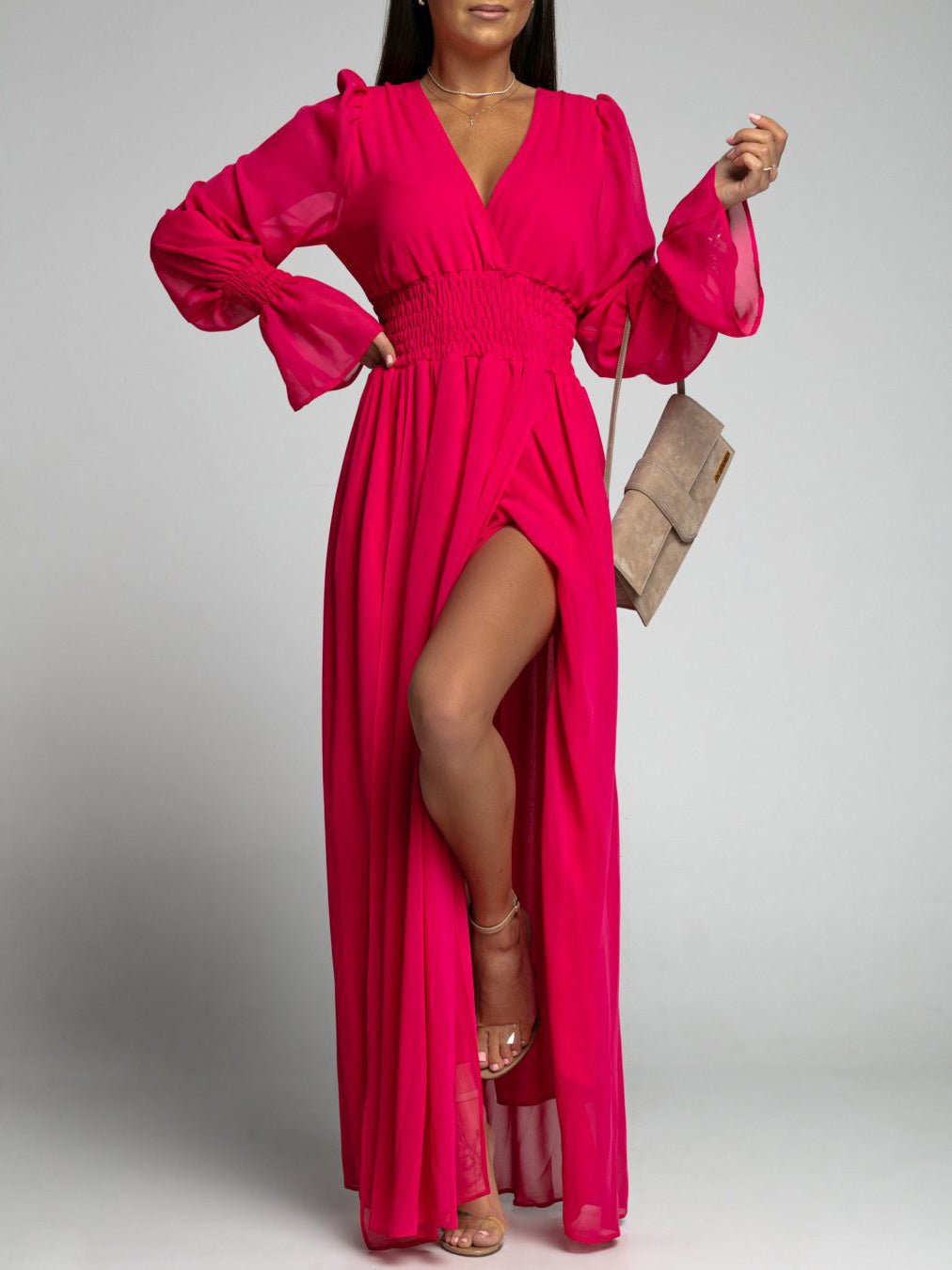 V-Neck Shirred Waist Bishop Sleeve High Slit Chiffon Maxi Dress