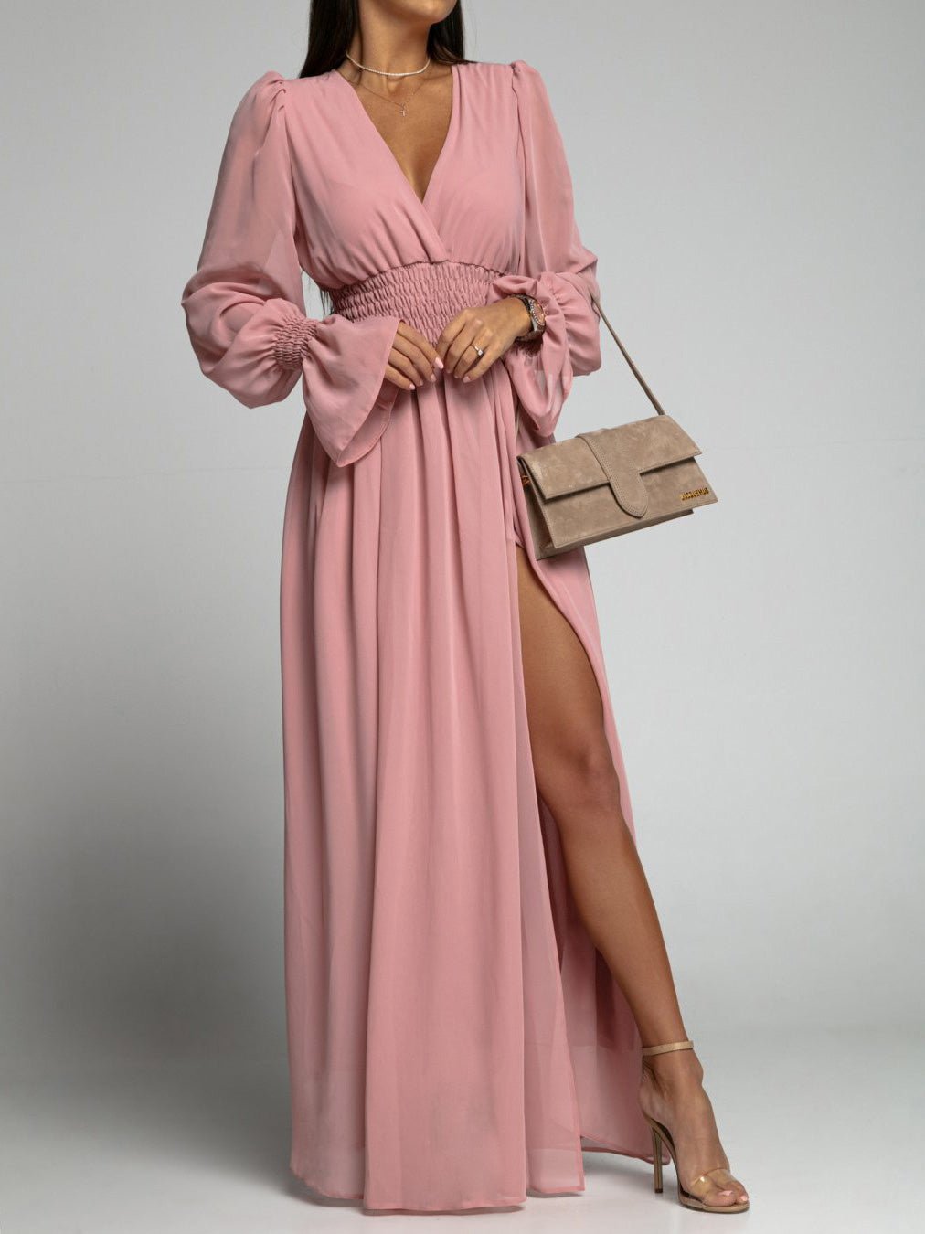 V-Neck Shirred Waist Bishop Sleeve High Slit Chiffon Maxi Dress