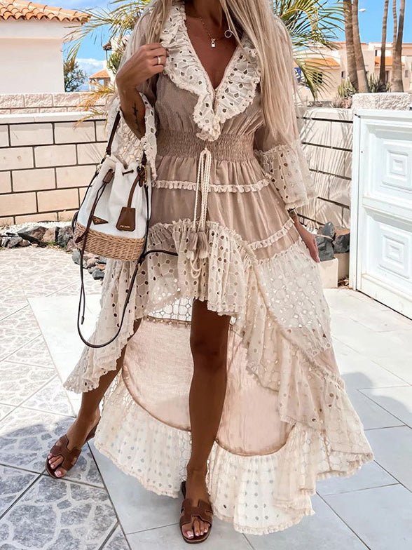 Khaki V-Neck Eyelet Lace Ruffle Tiered High-Low Boho Maxi Dress