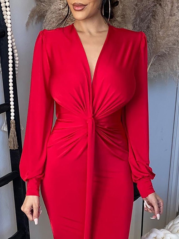 Red V-Neck Twist Front Ruched High Slit Bodycon Maxi Dress