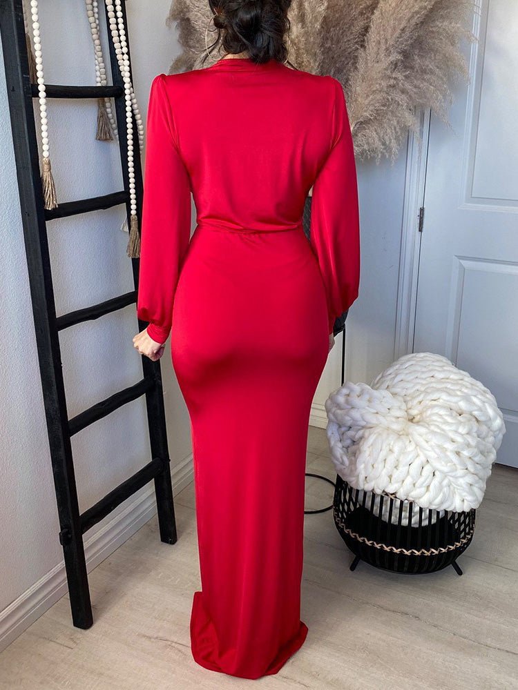Red V-Neck Twist Front Ruched High Slit Bodycon Maxi Dress