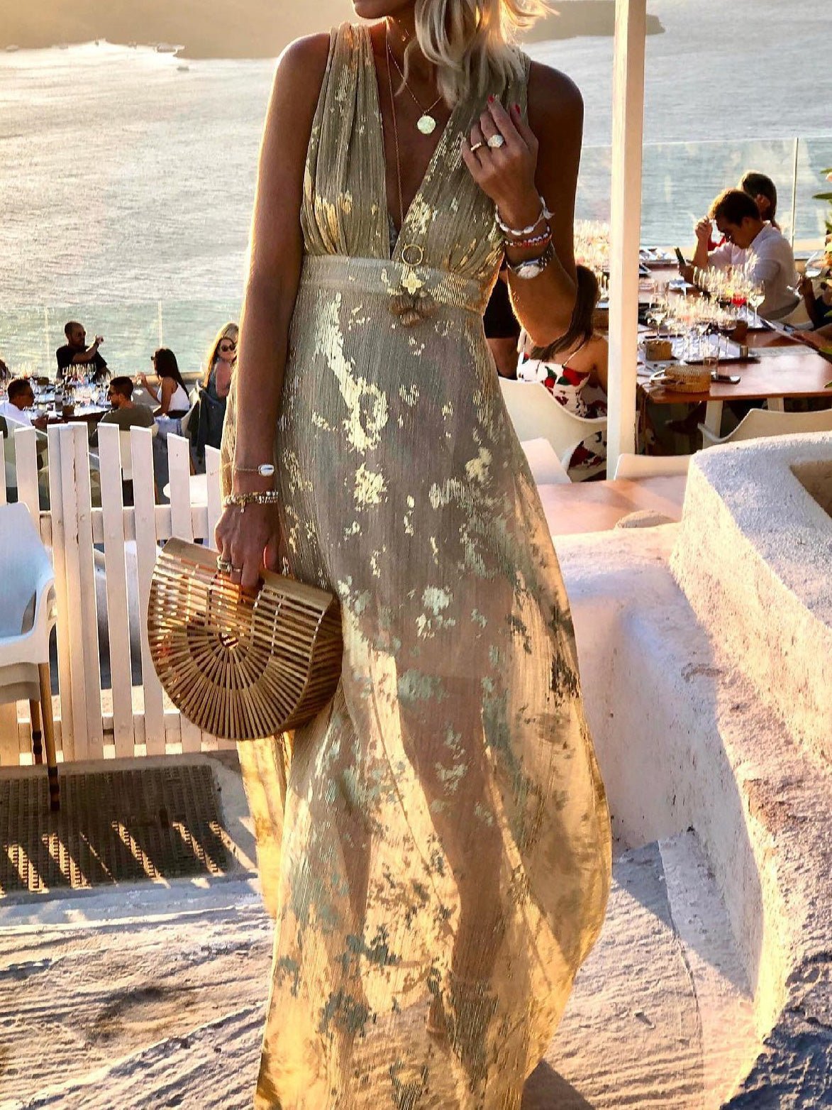 V-Neck Sleeveless Metallic Foil Print Empire Waist Maxi Dress