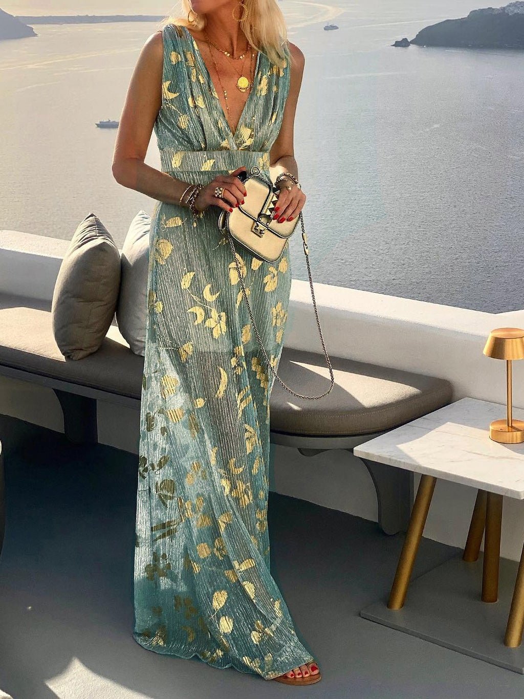 V-Neck Sleeveless Metallic Foil Print Empire Waist Maxi Dress