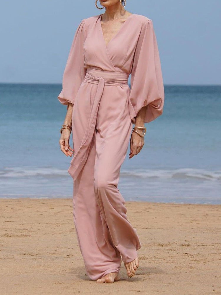 Pink V-Neck Balloon Sleeve Tie Waist Wide-Leg Jumpsuit