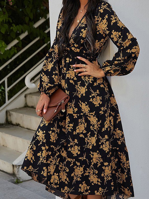 V-Neck Long Sleeve Floral Smocked Waist Tiered A-Line Midi Dress