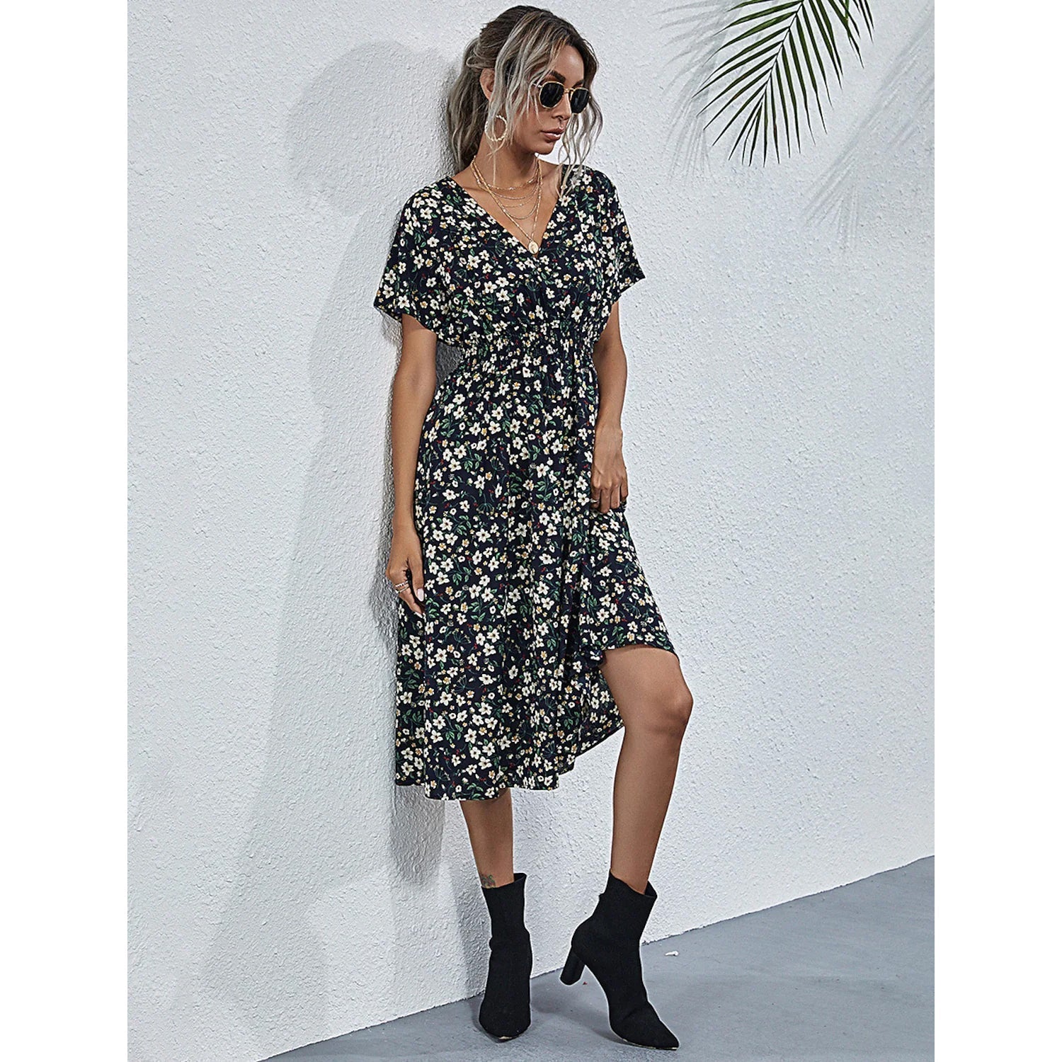 Women's V Neck Casual Boho Loose Midi Dress Black __stock:200 casual dresses clothes dresses refund_fee:1200 show-color-swatches