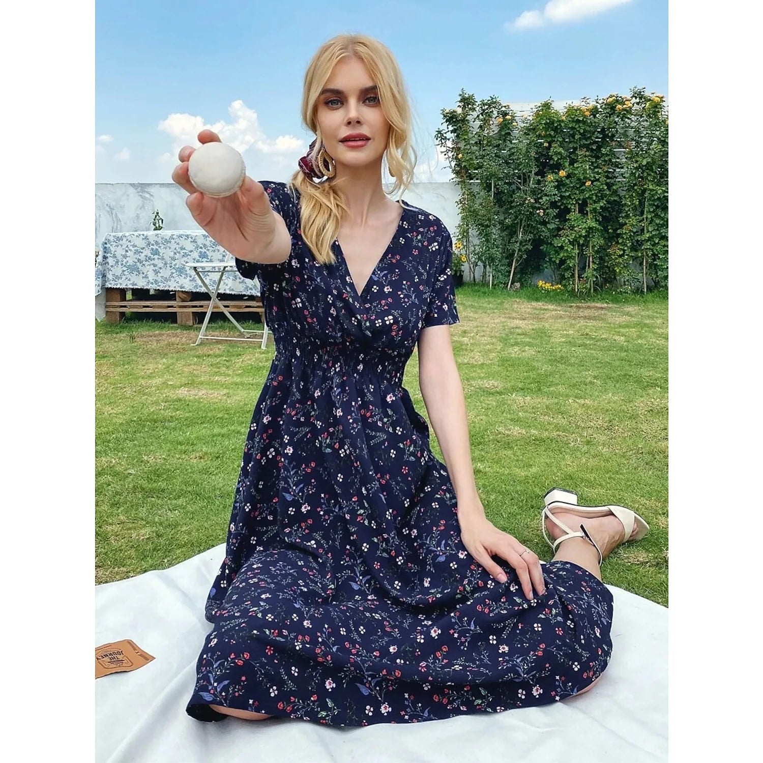 Women's V Neck Casual Boho Loose Midi Dress Navy __stock:200 casual dresses clothes dresses refund_fee:1200 show-color-swatches