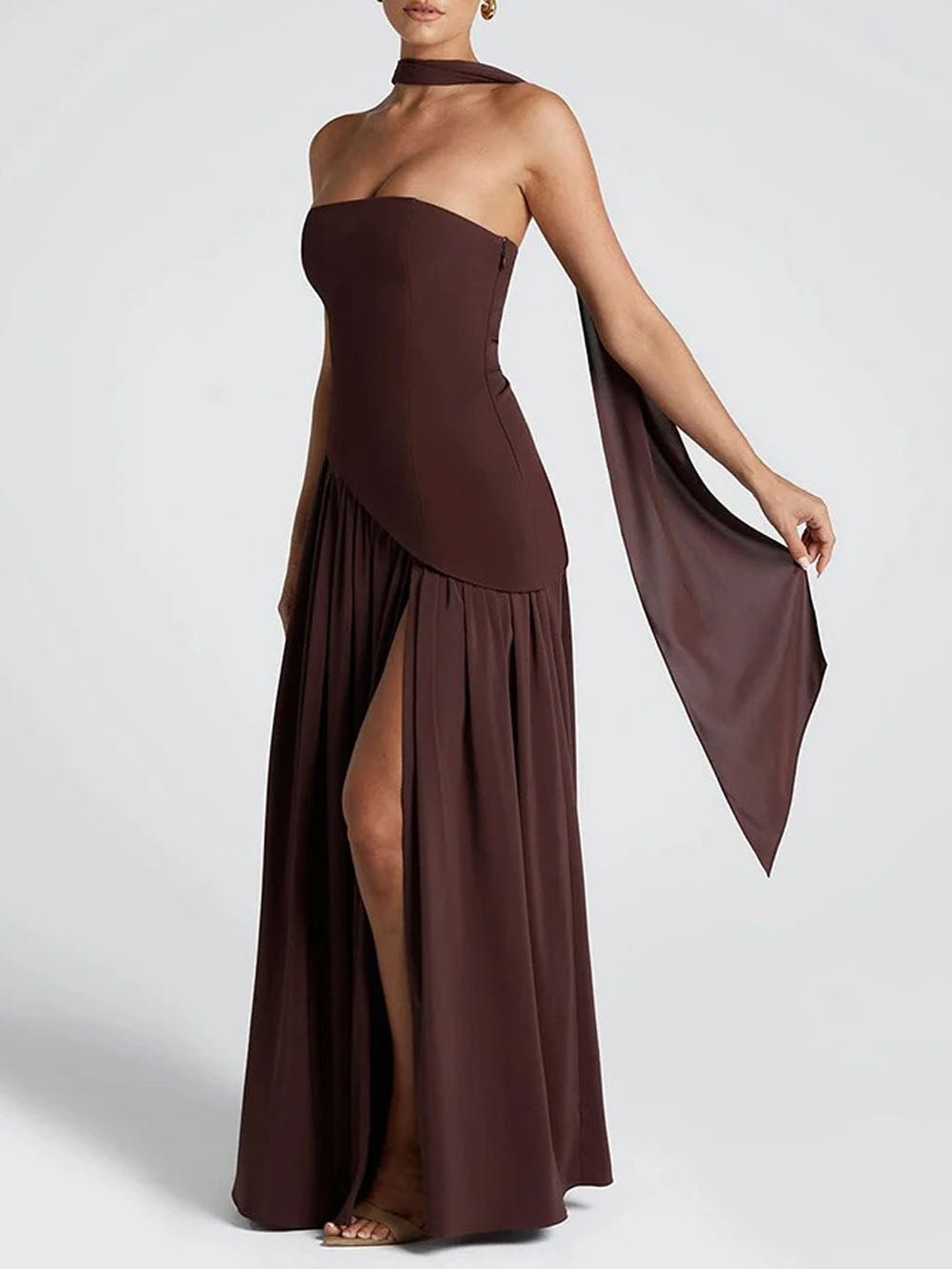 Strapless Neck Scarf Choker Draped Overlay High Split Maxi Dress 10