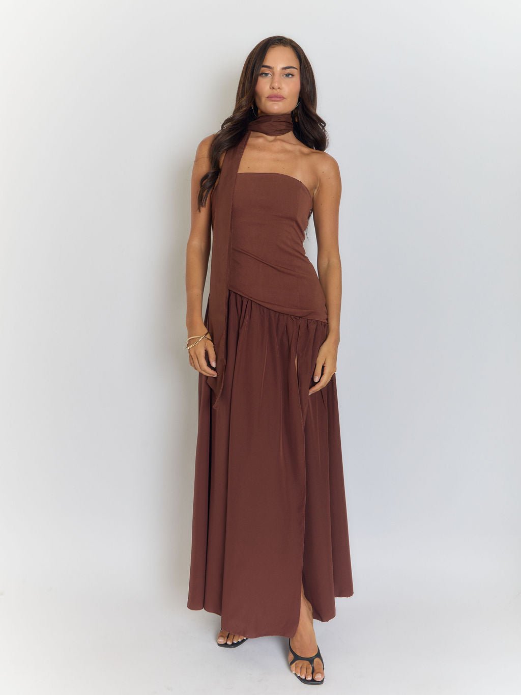 Strapless Neck Scarf Choker Draped Overlay High Split Maxi Dress 4