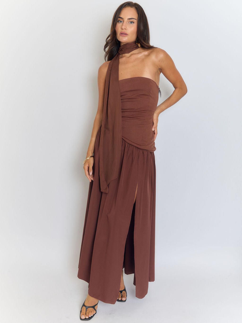 Strapless Neck Scarf Choker Draped Overlay High Split Maxi Dress 5
