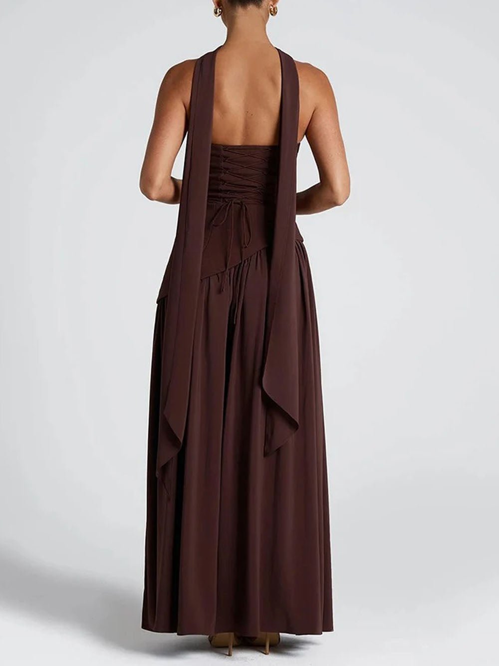 Strapless Neck Scarf Choker Draped Overlay High Split Maxi Dress 9